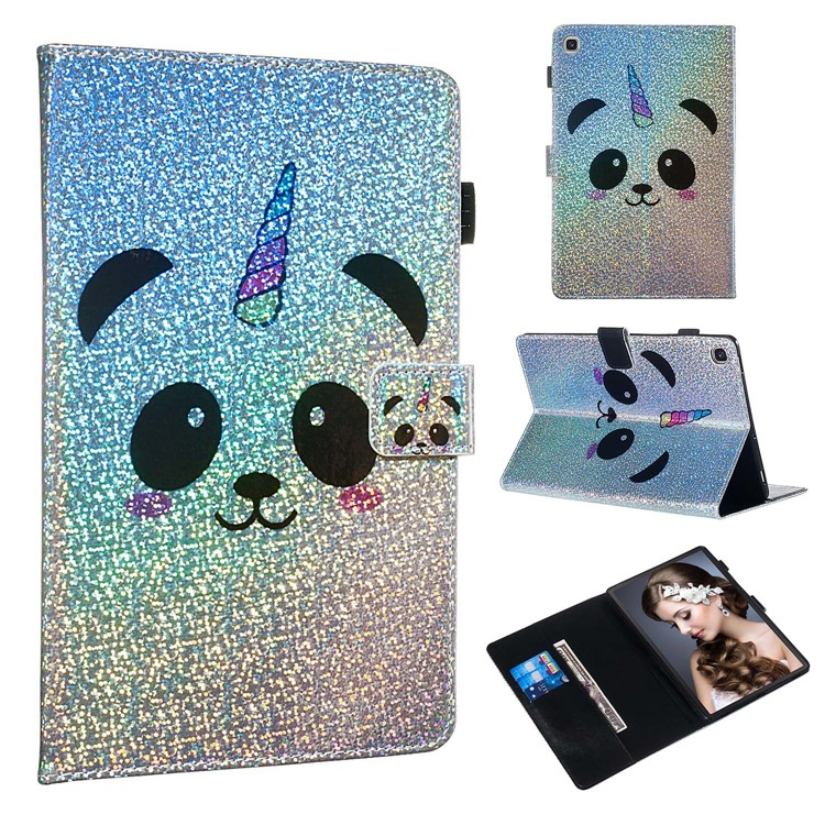 Pattern Printing Glitter Sequins Leather Wallet Case Shell for Samsung Galaxy Tab S5e SM-T720/SM-T725 - Panda-1
