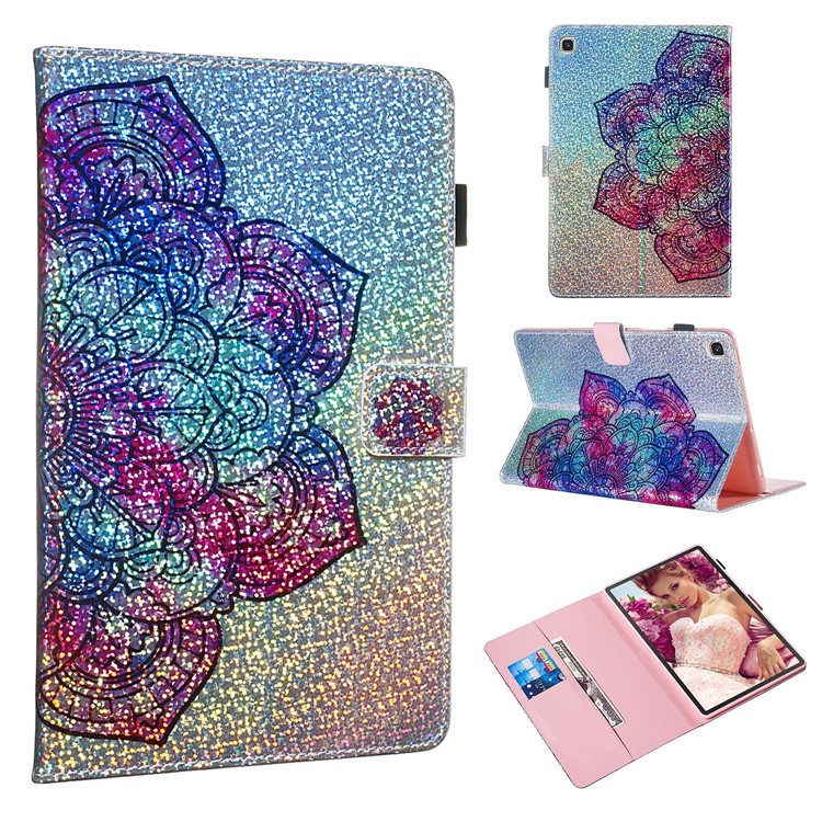 Pattern Printing Glitter Sequins Leather Wallet Case Shell for Samsung Galaxy Tab S5e SM-T720/SM-T725 - Mandala Flower-1