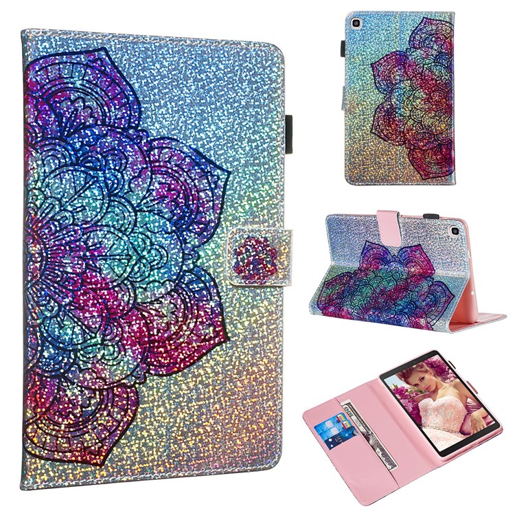 Pattern Printing Glitter Sequins Leather Wallet Case for Samsung Galaxy Tab A 8 (2019)/Galaxy Tab A with S Pen P200 P205 - Mandala Flower-1