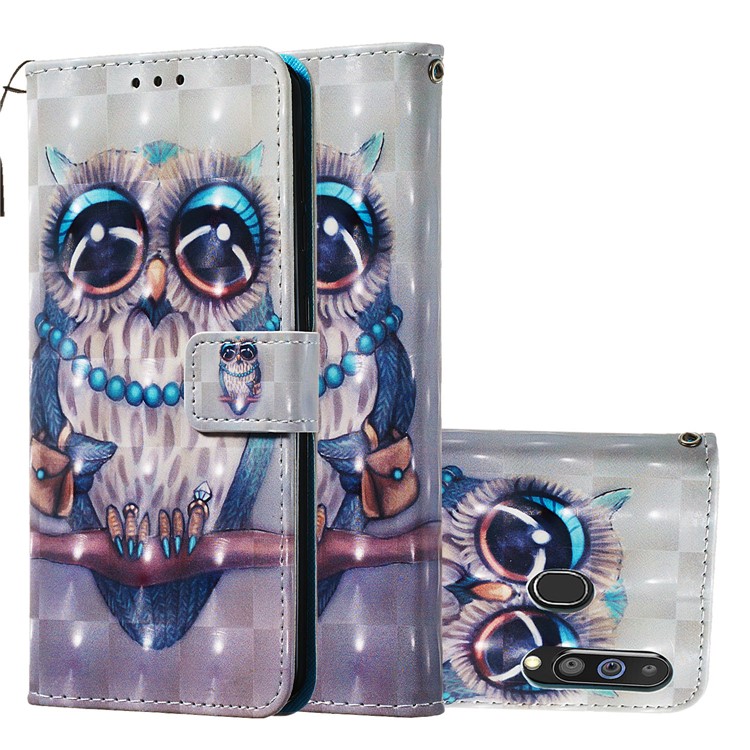 Cas De Couverture De Support De Portefeuille En Cuir De Style De Peinture 3D Pour Samsung Galaxy M40 / A60 - Hibou Mignon-2