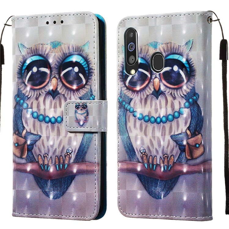 Cas De Couverture De Support De Portefeuille En Cuir De Style De Peinture 3D Pour Samsung Galaxy M40 / A60 - Hibou Mignon-3