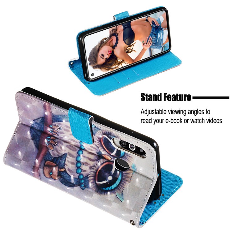 Cas De Couverture De Support De Portefeuille En Cuir De Style De Peinture 3D Pour Samsung Galaxy M40 / A60 - Hibou Mignon-7