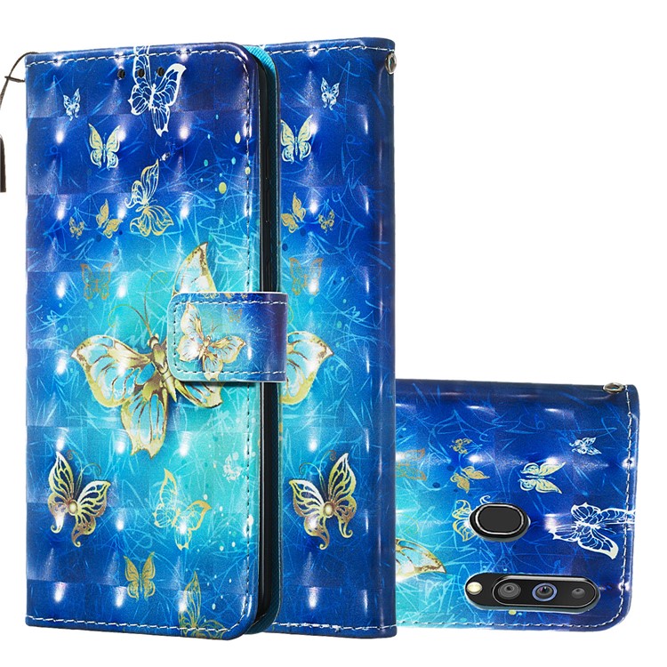 3D Painting Style Leather Phone Wallet Stand Cover Case for Samsung Galaxy M40 / A60 - Blue Shiny Butterflies-2