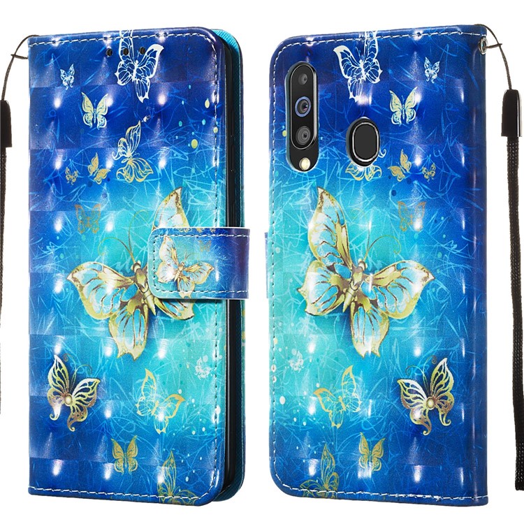 3D Painting Style Leather Phone Wallet Stand Cover Case for Samsung Galaxy M40 / A60 - Blue Shiny Butterflies-3