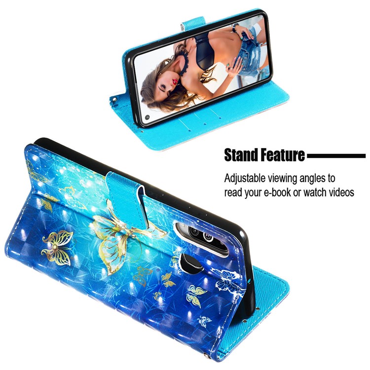 3D Painting Style Leather Phone Wallet Stand Cover Case for Samsung Galaxy M40 / A60 - Blue Shiny Butterflies-4