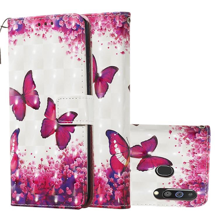 3D Painting Style Leather Phone Wallet Stand Cover Case for Samsung Galaxy M40 / A60 - Red Butterflies-2