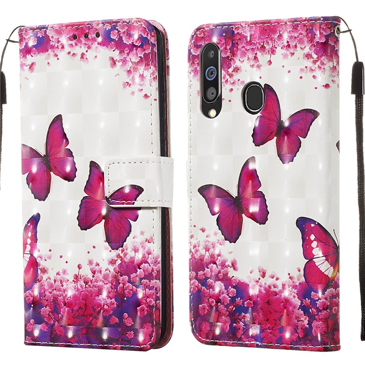 3D Painting Style Leather Phone Wallet Stand Cover Case for Samsung Galaxy M40 / A60 - Red Butterflies-3