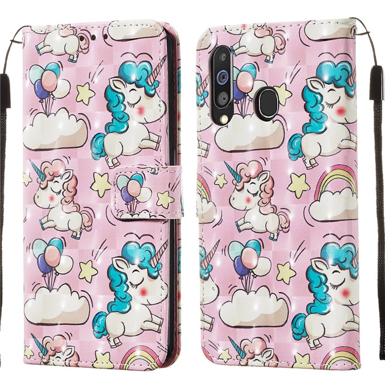 Custodia Per Telefono In Pelle Con Rivestimento In Pelle Stile Pittura 3D Per Samsung Galaxy M40 / A60 - Unicorni Rosa-3