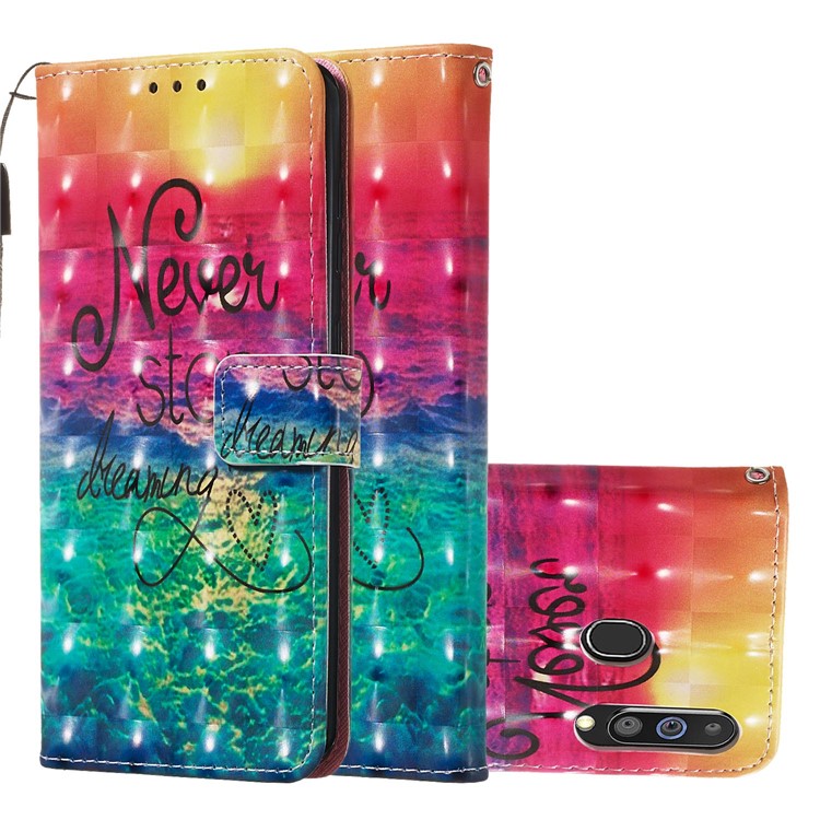 3D Painting Style Leather Phone Wallet Stand Cover Case for Samsung Galaxy M40 / A60 - Rainbow Ocean-2