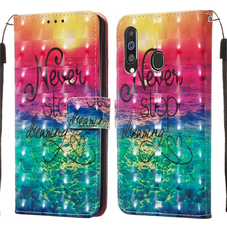3D Painting Style Leather Phone Wallet Stand Cover Case for Samsung Galaxy M40 / A60 - Rainbow Ocean-3