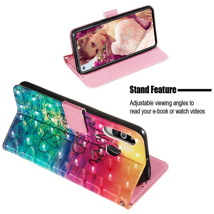 3D Painting Style Leather Phone Wallet Stand Cover Case for Samsung Galaxy M40 / A60 - Rainbow Ocean-4