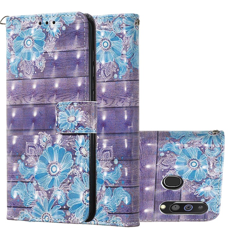 3D Painting Style Leather Phone Wallet Stand Cover Case for Samsung Galaxy M40 / A60 - Blue Flowers-2