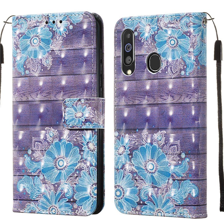 3D Painting Style Leather Phone Wallet Stand Cover Case for Samsung Galaxy M40 / A60 - Blue Flowers-3