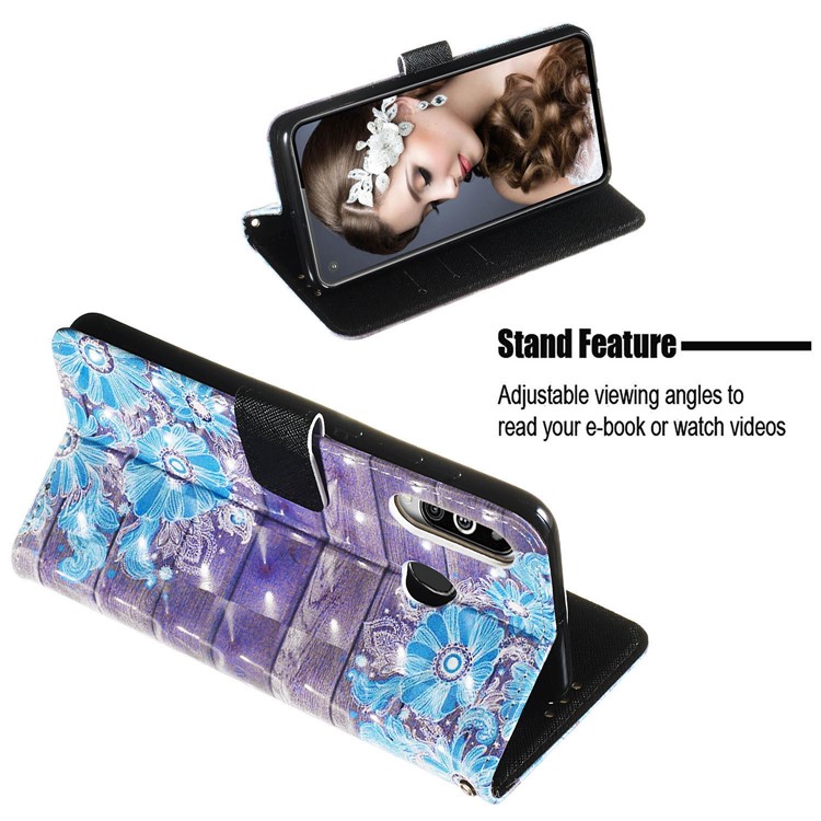 3D Painting Style Leather Phone Wallet Stand Cover Case for Samsung Galaxy M40 / A60 - Blue Flowers-4