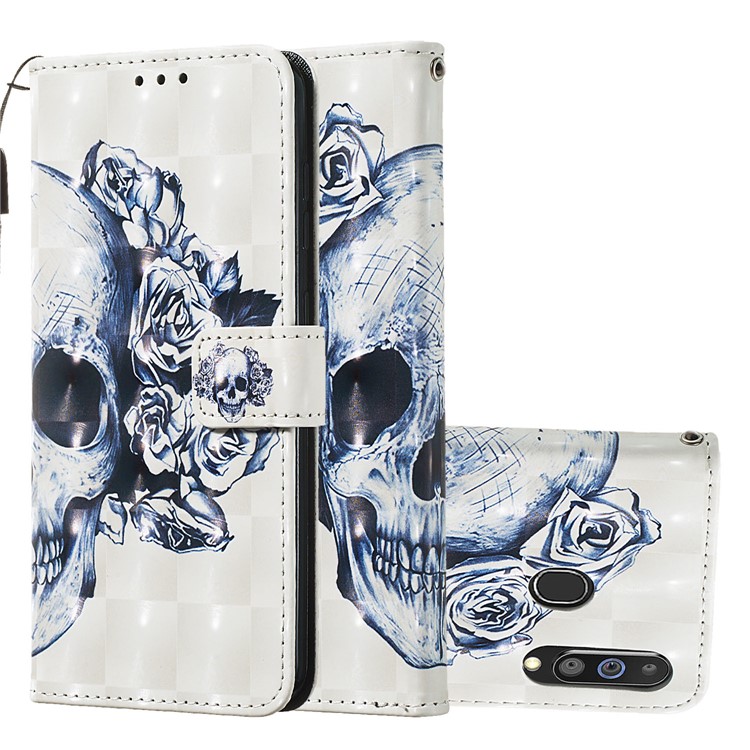 3D Painting Style Leather Phone Wallet Stand Cover Case for Samsung Galaxy M40 / A60 - Skull Flowers-2