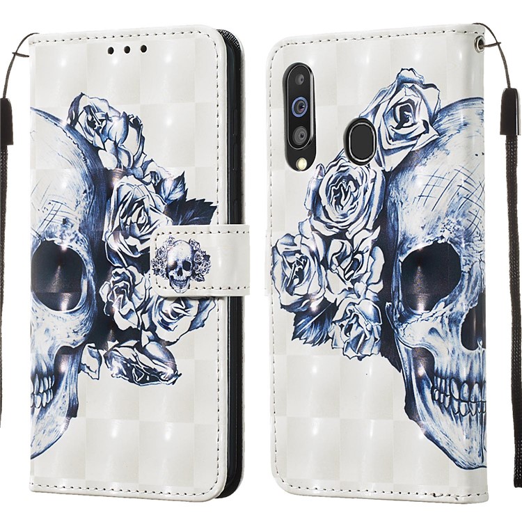 3D Painting Style Leather Phone Wallet Stand Cover Case for Samsung Galaxy M40 / A60 - Skull Flowers-4