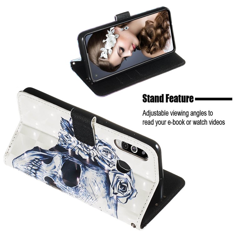 3D Painting Style Leather Phone Wallet Stand Cover Case for Samsung Galaxy M40 / A60 - Skull Flowers-5