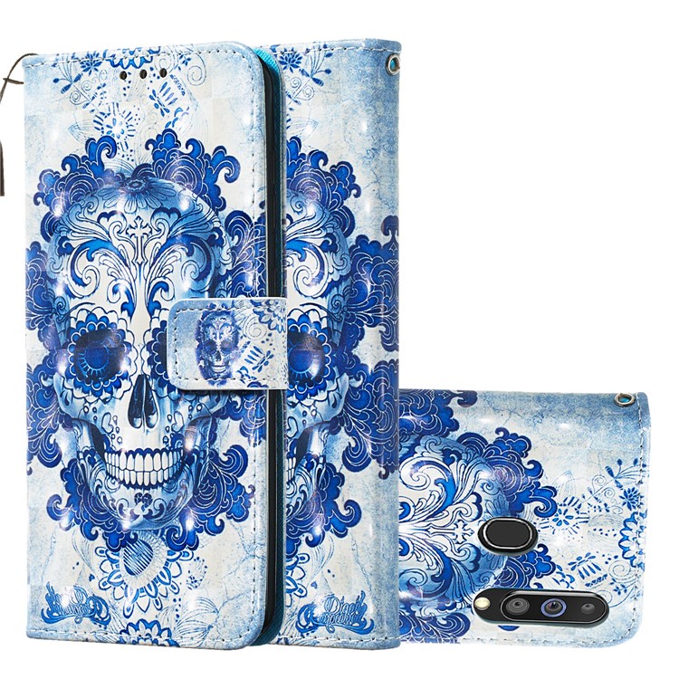 Caso De La Cubierta Del Soporte De La Cartera Del Teléfono Del Cuero Del Estilo De La Pintura 3D Para La Galaxia M40 De Samsung / A60 - Cráneo Azul-2