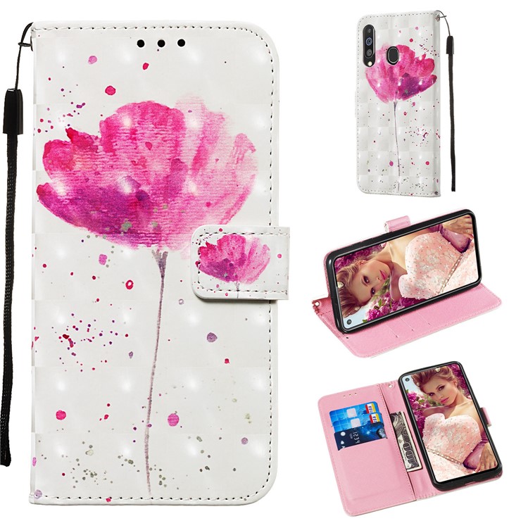 3D Painting Style Leather Phone Wallet Stand Cover Case for Samsung Galaxy M40 / A60 - Rose Flower-1