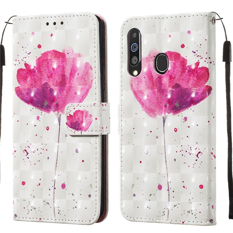 3D Painting Style Leather Phone Wallet Stand Cover Case for Samsung Galaxy M40 / A60 - Rose Flower-3