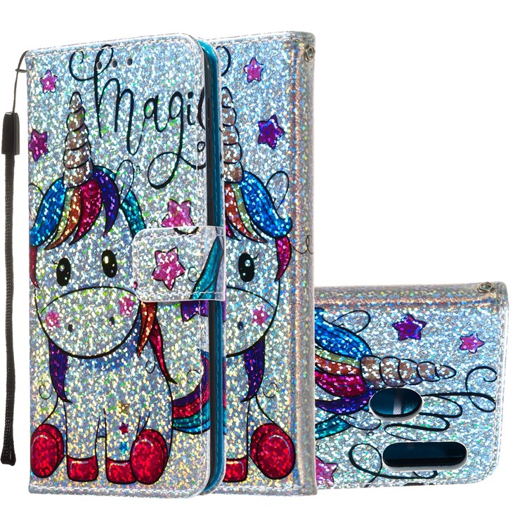 Pattern Printing Glitter Sequins Leather Wallet Phone Case Cover for Samsung Galaxy A20e/Galaxy A10e - Unicorn and Star-2