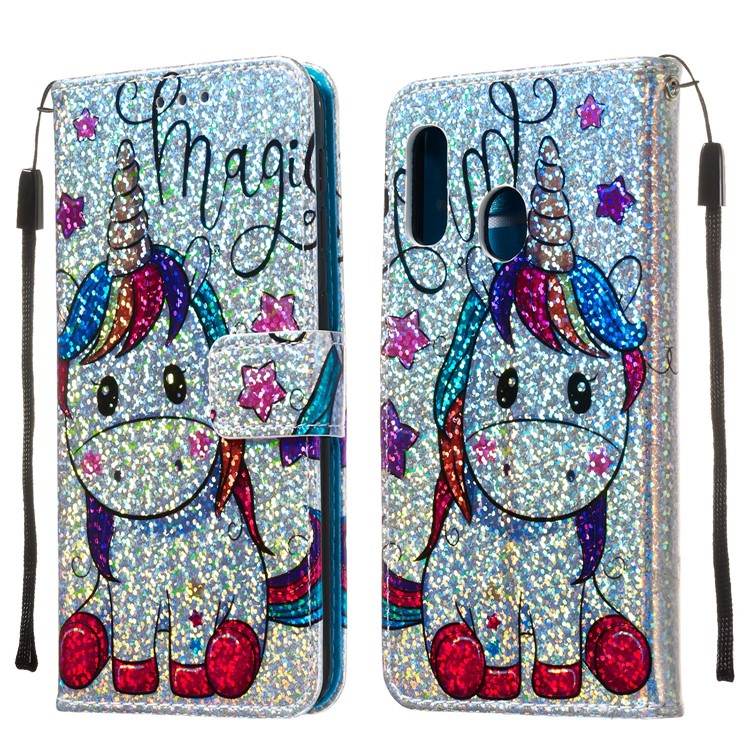 Pattern Printing Glitter Sequins Leather Wallet Phone Case Cover for Samsung Galaxy A20e/Galaxy A10e - Unicorn and Star-9
