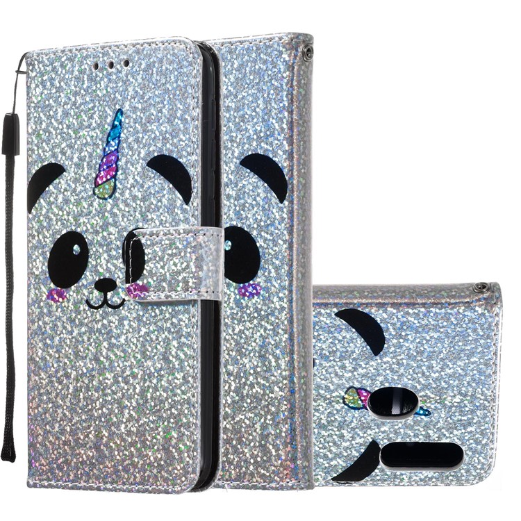 Pattern Printing Glitter Sequins Leather Wallet Phone Case Cover for Samsung Galaxy A20e/Galaxy A10e - Panda-2