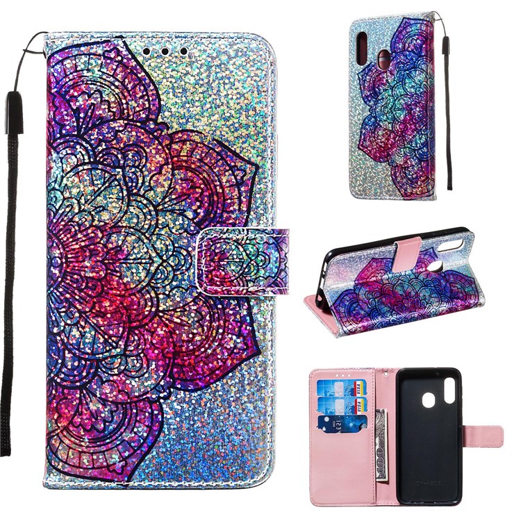 Pattern Printing Glitter Sequins Leather Wallet Phone Case Cover for Samsung Galaxy A20e/Galaxy A10e - Mandala Flower-1