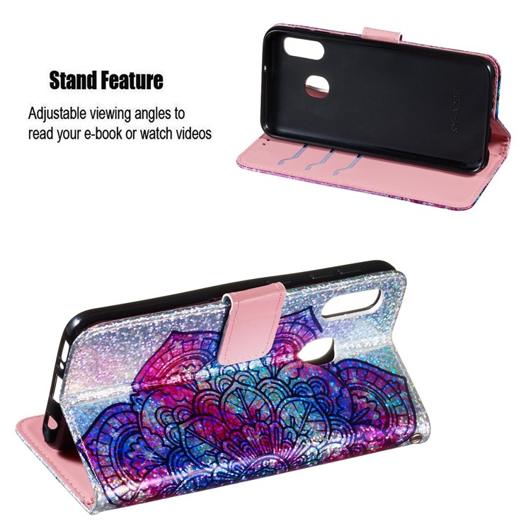 Pattern Printing Glitter Sequins Leather Wallet Phone Case Cover for Samsung Galaxy A20e/Galaxy A10e - Mandala Flower-4
