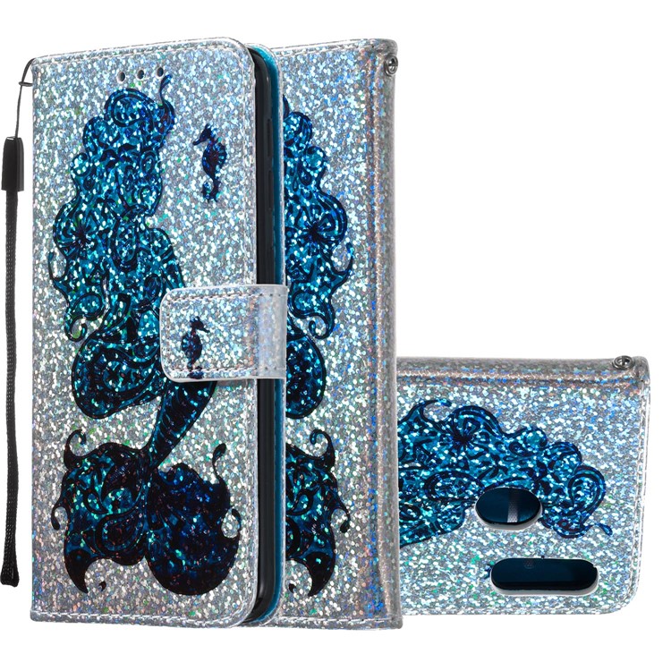 Pattern Printing Glitter Sequins Leather Wallet Phone Case Cover for Samsung Galaxy A20e/Galaxy A10e - Mermaid-2
