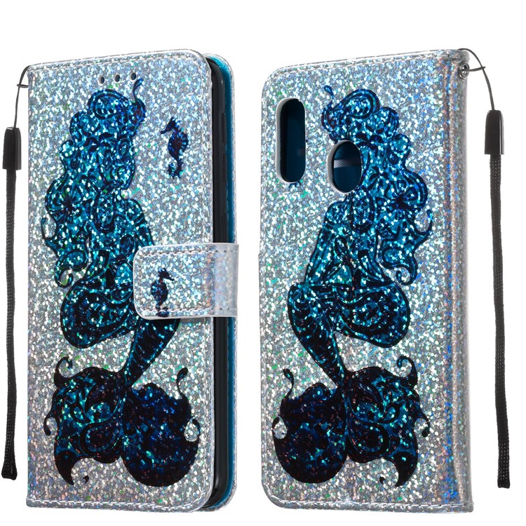 Pattern Printing Glitter Sequins Leather Wallet Phone Case Cover for Samsung Galaxy A20e/Galaxy A10e - Mermaid-9