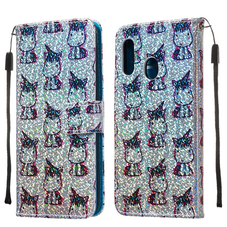 Pattern Printing Glitter Sequins Leather Wallet Phone Case Cover for Samsung Galaxy A20e/Galaxy A10e - Unicorns-8