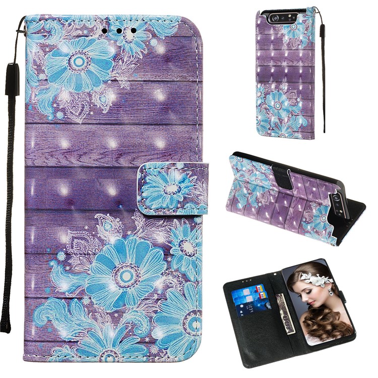 3D Painting Style Leather Phone Shell for Samsung Galaxy A90 / A80 - Blue Flowers-1