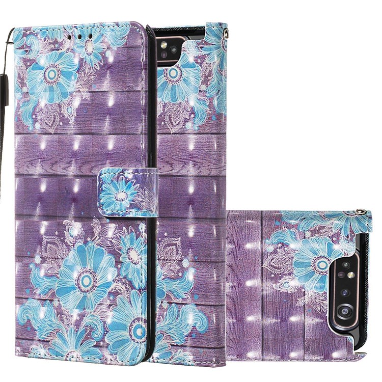 3D Painting Style Leather Phone Shell for Samsung Galaxy A90 / A80 - Blue Flowers-2