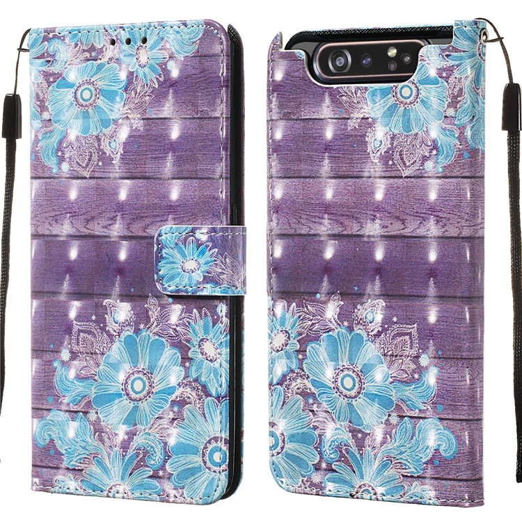 3D Painting Style Leather Phone Shell for Samsung Galaxy A90 / A80 - Blue Flowers-3