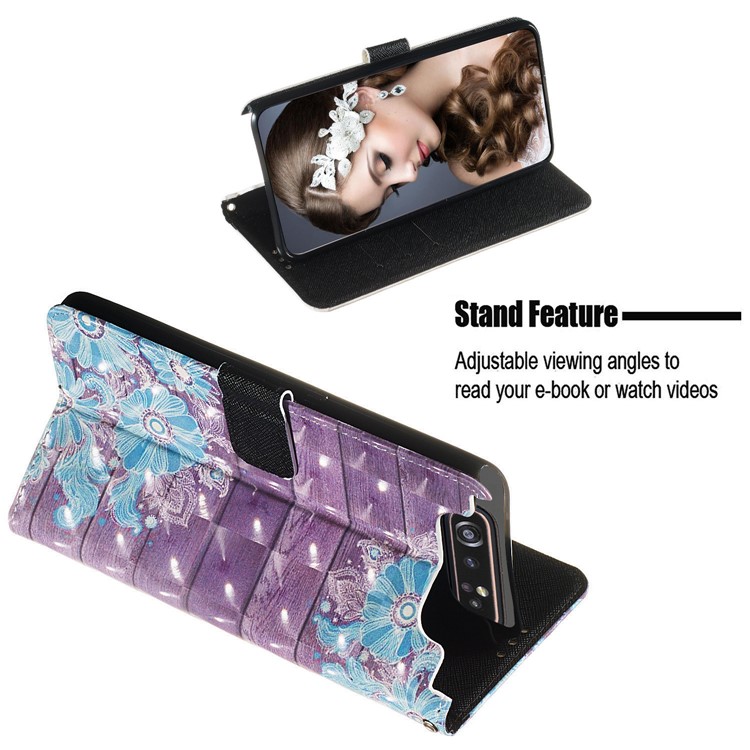 3D Painting Style Leather Phone Shell for Samsung Galaxy A90 / A80 - Blue Flowers-7