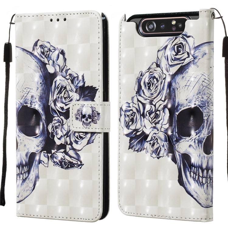 3D Painting Style Leather Phone Shell for Samsung Galaxy A90 / A80 - Skull Flowers-3