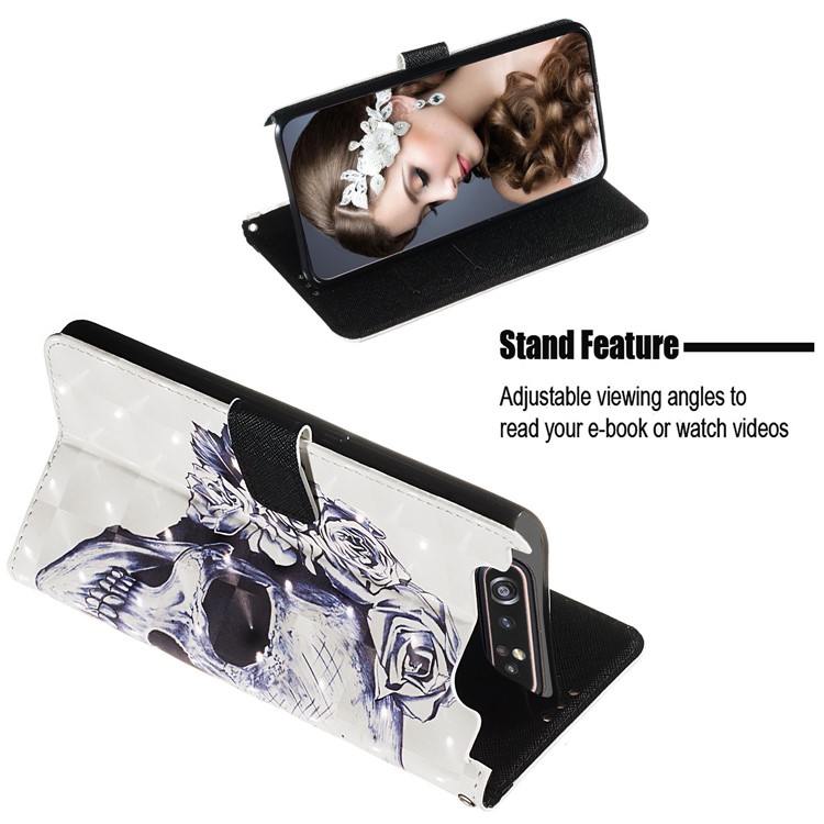 3D Painting Style Leather Phone Shell for Samsung Galaxy A90 / A80 - Skull Flowers-7