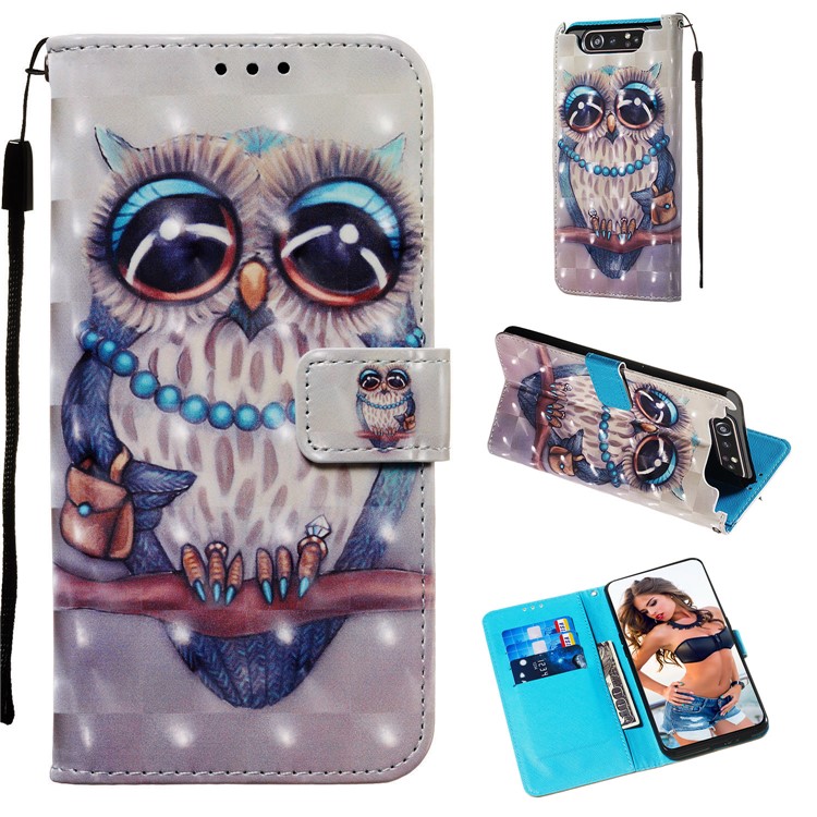3D Painting Style Leather Phone Shell for Samsung Galaxy A90 / A80 - Cute Owl-1
