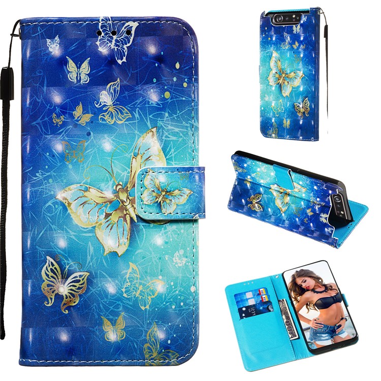 3D Painting Style Leather Phone Shell for Samsung Galaxy A90 / A80 - Blue Shiny Butterflies-1