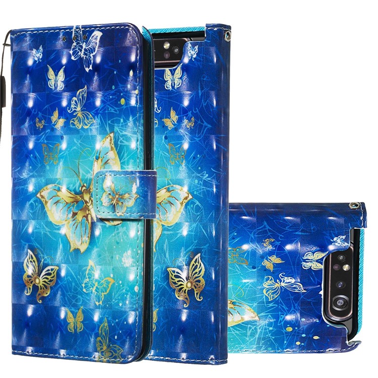 3D Painting Style Leather Phone Shell for Samsung Galaxy A90 / A80 - Blue Shiny Butterflies-2