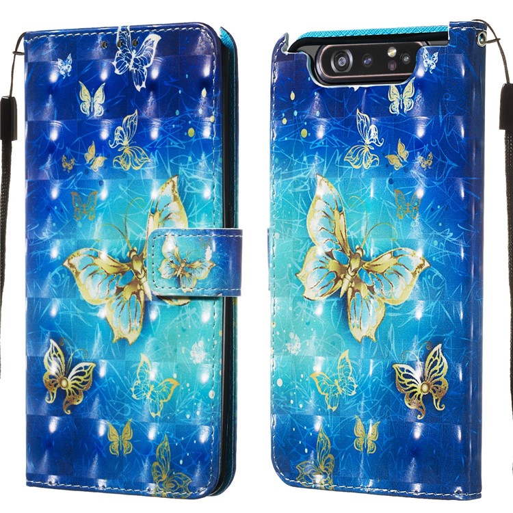 3D Painting Style Leather Phone Shell for Samsung Galaxy A90 / A80 - Blue Shiny Butterflies-3
