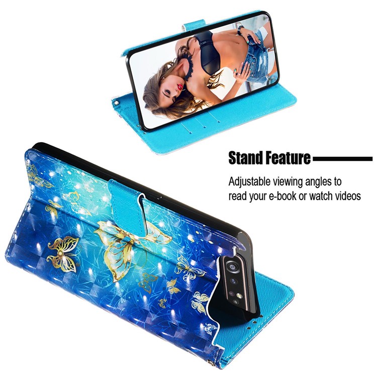 3D Painting Style Leather Phone Shell for Samsung Galaxy A90 / A80 - Blue Shiny Butterflies-7