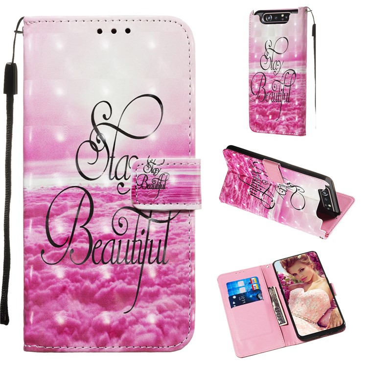 3D Painting Style Leather Phone Shell for Samsung Galaxy A90 / A80 - Pink Clouds-1