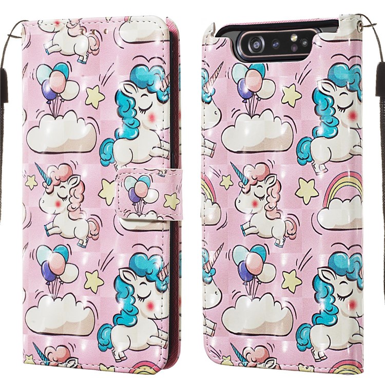 3D Painting Style Leather Phone Shell for Samsung Galaxy A90 / A80 - Pink Unicorns-3