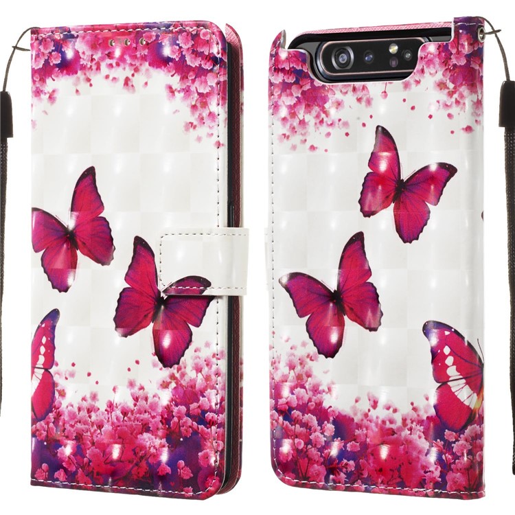 3D Painting Style Leather Phone Shell for Samsung Galaxy A90 / A80 - Red Butterflies-3