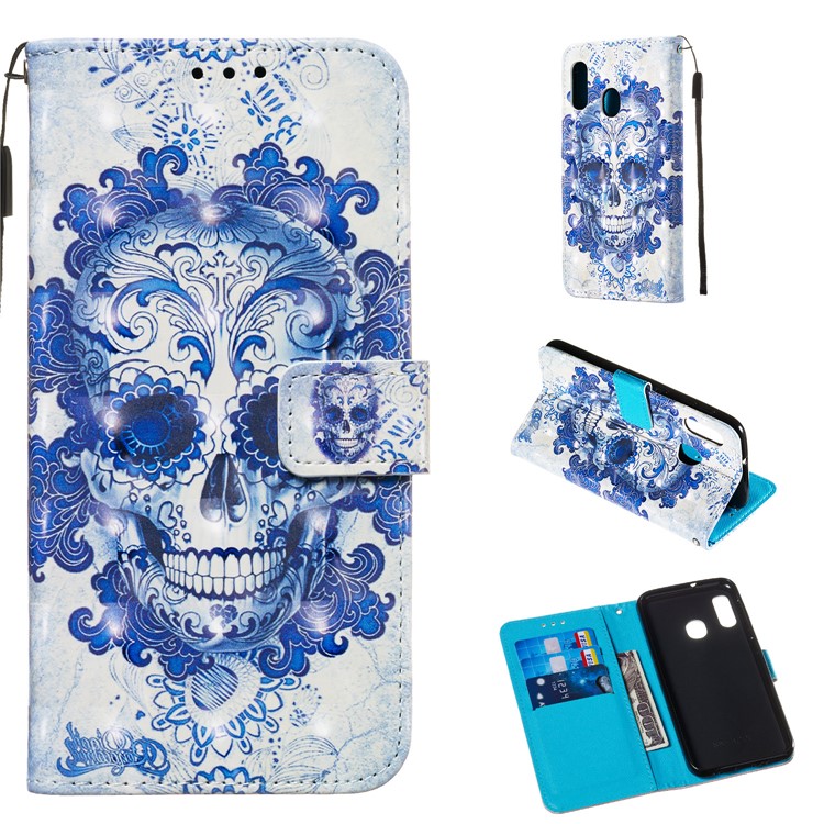3D Painting Pattern Leather Phone Case with Card Wallet Slots for Samsung Galaxy A20e / A10e - Blue Skull-1