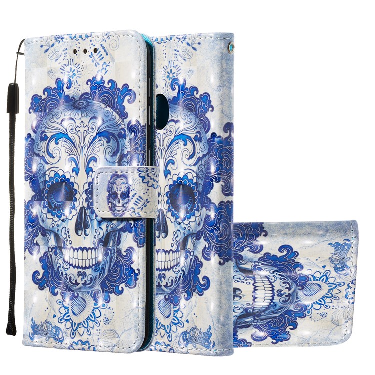 3D Painting Pattern Leather Phone Case with Card Wallet Slots for Samsung Galaxy A20e / A10e - Blue Skull-2