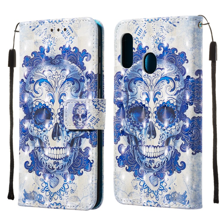 3D Painting Pattern Leather Phone Case with Card Wallet Slots for Samsung Galaxy A20e / A10e - Blue Skull-3
