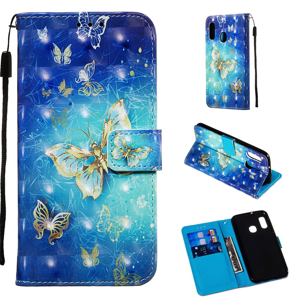 3D Painting Pattern Leather Phone Case with Card Wallet Slots for Samsung Galaxy A20e / A10e - Blue Shiny Butterflies-1